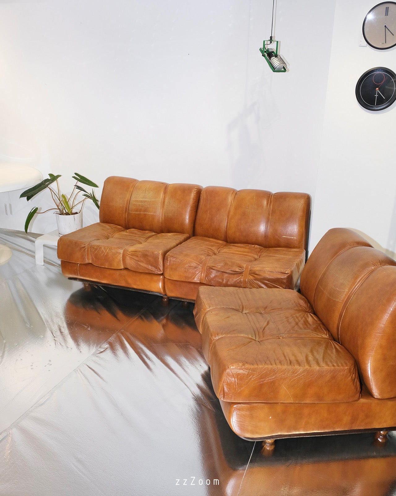 Vintage Italian modular sofa wood and leather by Aemmeci Selezione Bologna, 1970s