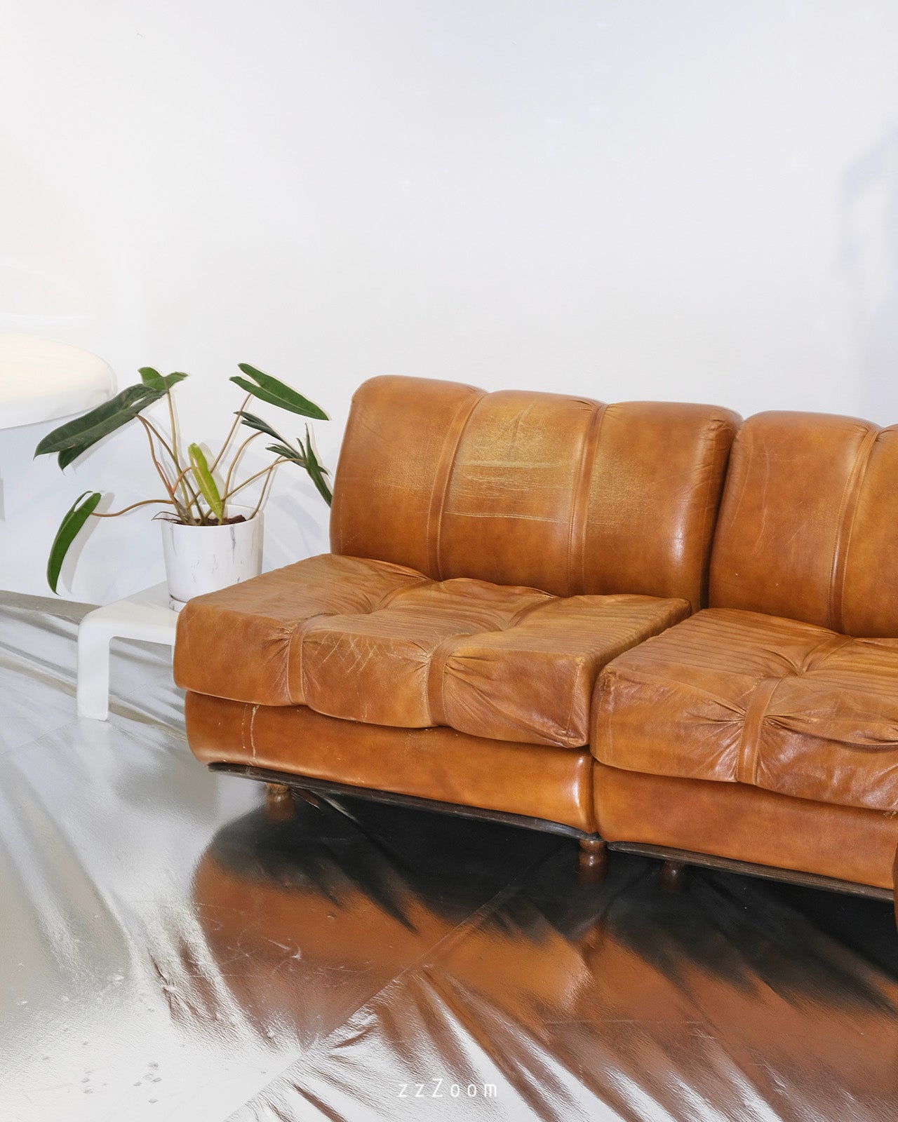 Vintage Italian modular sofa wood and leather by Aemmeci Selezione Bologna, 1970s