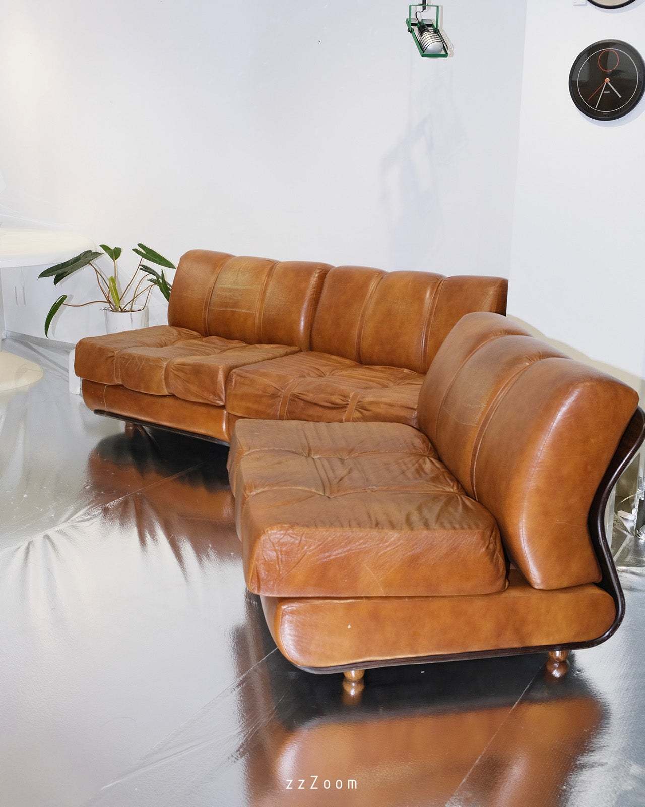 Vintage Italian modular sofa wood and leather by Aemmeci Selezione Bologna, 1970s